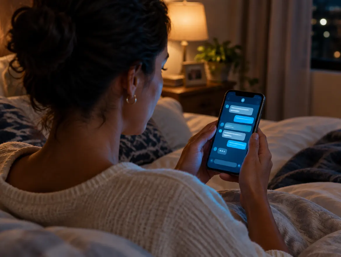 Cliente lendo a resposta no celular à noite, deitada na cama
